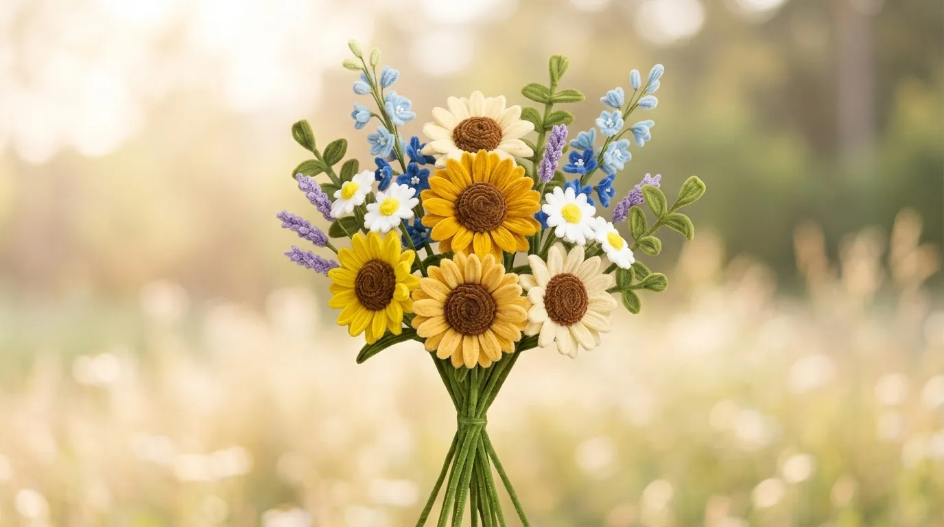 Boeket van chenilledraad zonnebloemen, madeliefjes en lavendel in een bloeiend veld