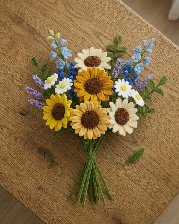 Boeket van chenilledraad zonnebloemen, madeliefjes en lavendel